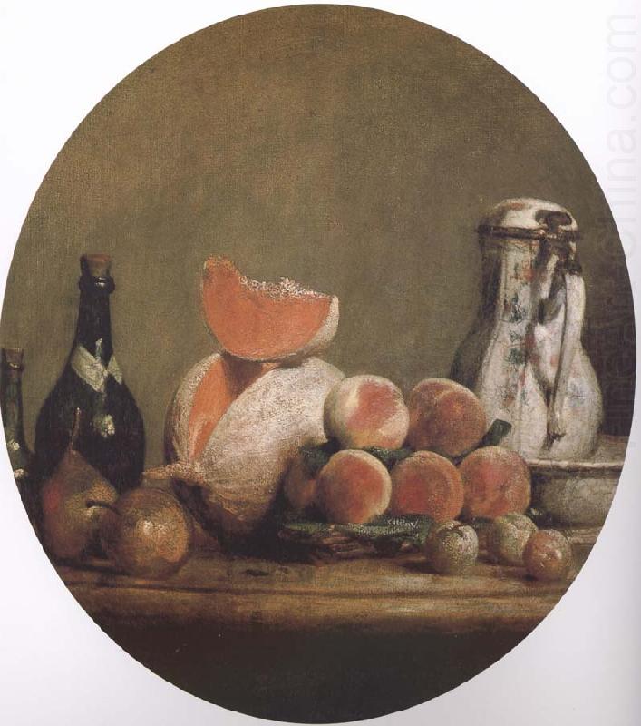 Cut melon and peach bottle still life etc, Jean Baptiste Simeon Chardin